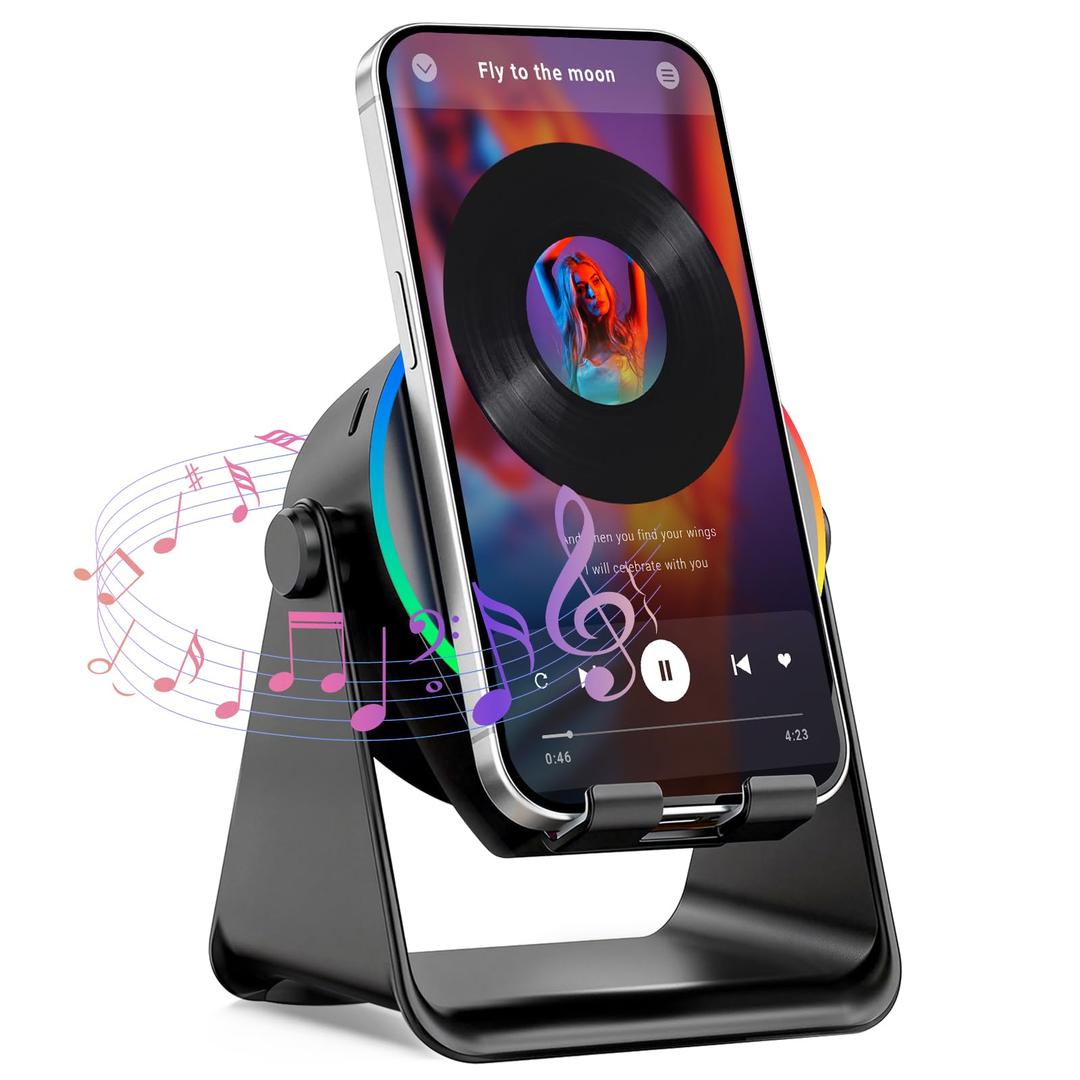 TEFELE Wireless Induction Speaker, 5-in-1 Bluetooth Speaker with Phone Holder, 360° Rotation & RGB Lights, HD Stereo Sound for iPhone/Samsung/Android, Birthday Gifts for Men/Women/Teens