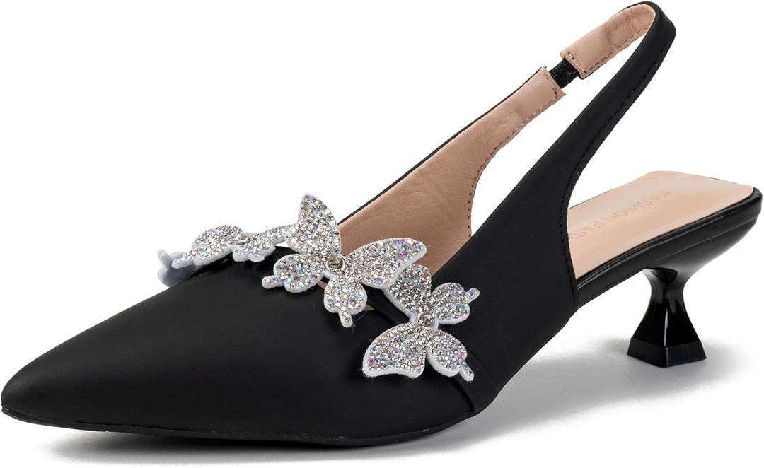 Women's Rhinestone Butterfly Slingback Kitten Heels – Pointed Toe Dress Shoes for Wedding Guest, Cocktail Party, Prom, Evening or Formal Events – Elegant Slip-On Low Heels for Women, 8.5