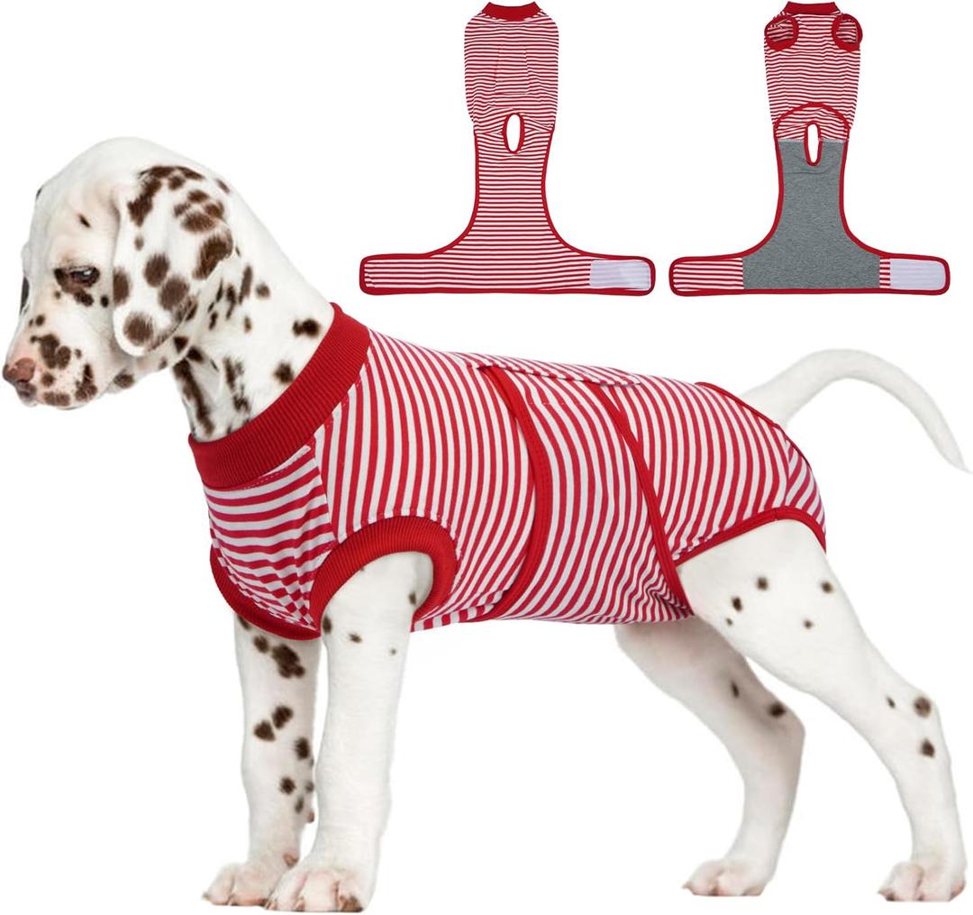 FUAMEY Dog Recovery Suit Male,Dogs Surgery Neuter Suits Puppy Spay Shirts for Female Protect Dog's Skin Anti Licking Abdominal Wounds Doggie Onesie Pet Bodysuit Alternative to Cone Red Stripes S (S (Back:11.4-13.4'', Weight:7-15 LB))