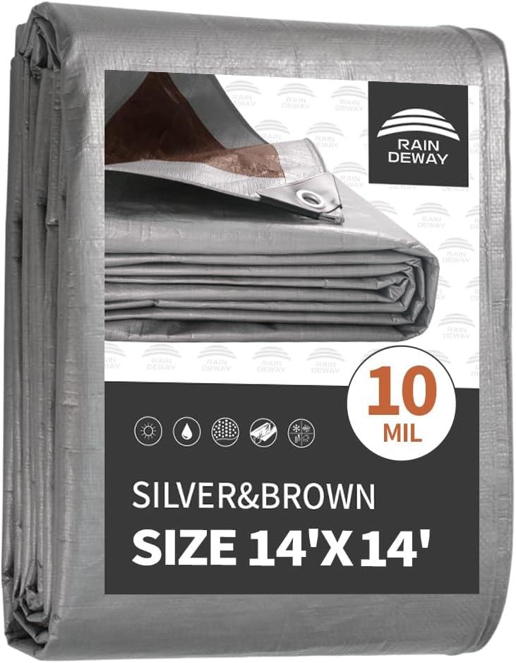 RAINDEWAY 14x14 Feet Tarps Heavy Duty Waterproof,10Mil Thick Multipurpose Poly Tarp Cover with Metal Grommets and Reinforced Edges,Silver/Brown Tarp