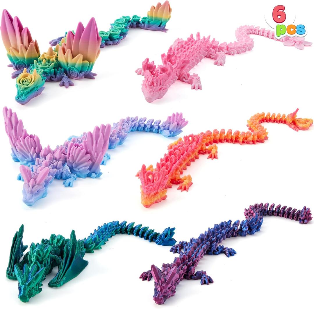 JOYIN 6 Pcs 12" Large 3D Printed Dragon Fidget Toys, 6 Styles Articulated Crystal Dragon with Wings in Gradient Colors, Big Flexible 3D Printed Animals for Executive Desk Decor