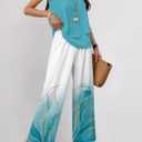 2 Piece Sets for Women Sleeveless Leaf Graphics Vest Top and Solid Color Wide Leg Long Pants Travel Outfits Lounge Set (L)