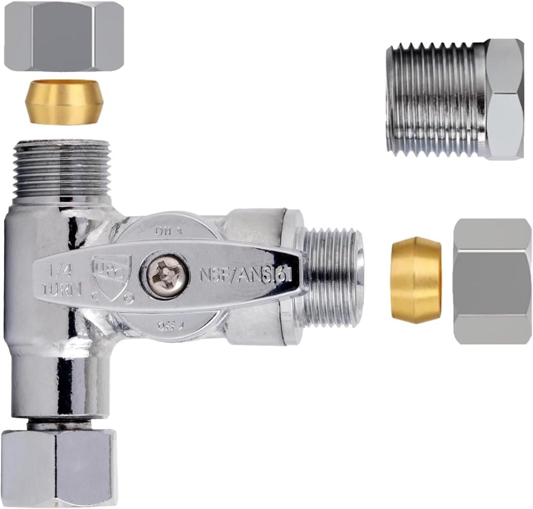 KAINGA Tee Stop Valve, 3/ 8" × 3/ 8" × 3/ 8" or 1/ 2" Toilet T Connector, Angle Stop Add-A-Tee Valve, Quarter-Turn Shut-Off Valves for Washlet Bidet, Handheld Sprayer, Toilet Tank, Kitchen, Lead-Free
