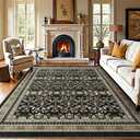 WITSHOCK Black Farmhouse Living Room Rug: Washable 8x10 Area Rug, Boho Vintage Moody Retro Oriental Neutral Aethestic Rug for Bedroom, Soft Faux Wool Low Pile Non Slip Stain Resistance Carpet