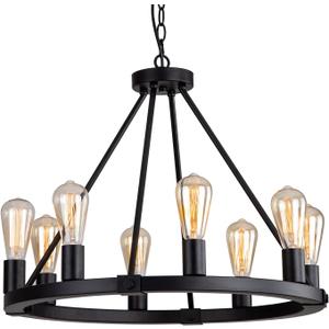 9MMML 23.6" 8 Lights Wagon Wheel Chandelier,Black Metal Round Industrial Vintage Kitchen Island Pendant Light for Living Dining Room Foyer Entryway,Height Adjustable,E26.