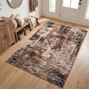 Merelax 3x5 Washable Entryway Area Rug, Brown Red Small Area Rugs for Living Room Bedroom Kitchen, Boho Abstract Office Rug, Soft Modern Non Slip Low Pile Carpet for Dining Room Kids Room