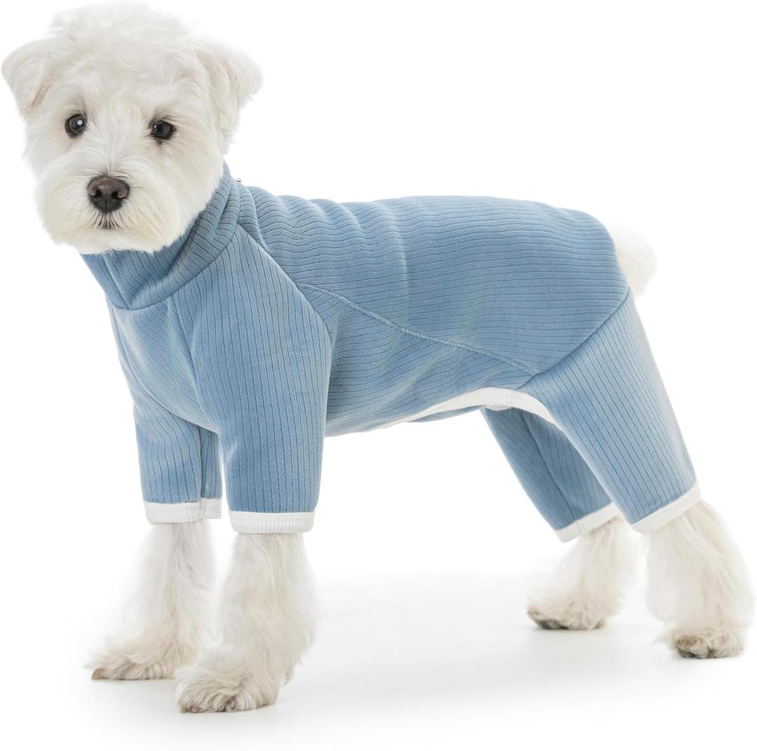 Dog Fleece Winter Coat, Fullbody Doggie Pajamas Onesie, Turtleneck Fleece Jacket for Small Dogs, Four-Legged Warm Clothes Hair Shedding Suit, Warm Puppy Christmas Jumpsuit (Large, Dark Blue)