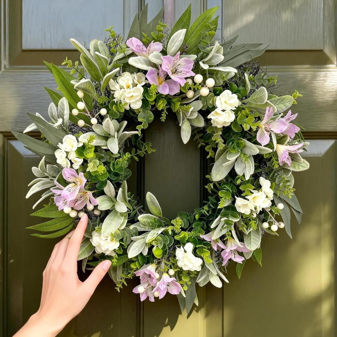 24 Inch Pastel Purple & White Spring Wreath  Elegant Farmhouse Floral Wreath for Front Door with Eucalyptus & Boxwood Greenery, Timeless Indoor Wall Decor, Weatherproof Outdoor Porch Decor