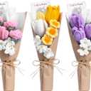 Eurzom 3 Pack Crochet Flower Bouquet with Greeting Card Handmade Crochet Tulips Preserved Flowers Bouquet Gifts Mother's Day Graduation Birthday Wedding Home Office Decor for Her