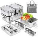304 Stainless Steel Bento Box 4 Pack,1400/850/550ml Stainless Steel Lunch Box with Spoon, Fork, Lunch Bag, Leak Proof Stackable Food Containers with Lids for Adults Office Camping Picnic Travel