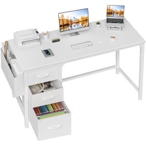 Lufeiya White Computer Desk with Fabric File Drawers Cabinet, 55 Inch Reversible Desks with Storage Filing Cabinet for Home Office, Modern Writing Table PC Desks for Bedroom, White (54.6")
