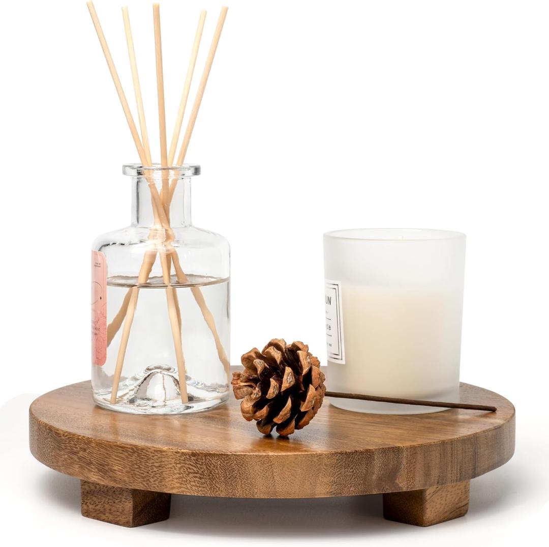 Zurklulu Round 9.4" Acacia Wood Decorative Tray – Farmhouse Wood Riser Pedestal Stand for Kitchen and Bathroom Decor, Counter Display, Vanity Tray (Medium, 9.4" Dia)