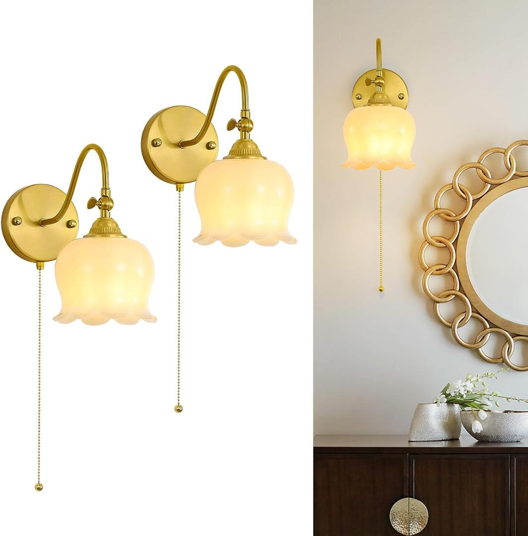 Yunnix Wall Sconces Set of Two Vintage Wall Sconces Flower Wall Lights Bow Sconces for Bathroom Sconces Bedroom Bedside Light Vanity Light Mirror Living Room White Pull Chain (Bulbs Not Included)