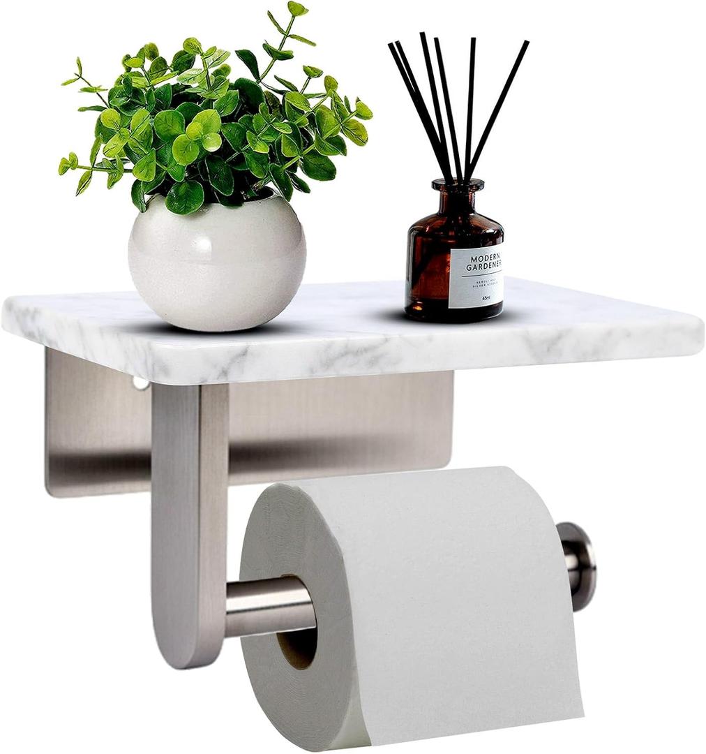 Toilet Paper Holder with Natural Marble Shelf for Bathroom Washroom, Wall Mounted Tissue Holder Suitable for Mega Roll (Brushed Nickel, Small 6.7 * 4.3 in)