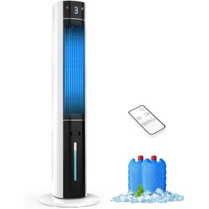 Evaporative Air Cooler - 38inch Swamp Cooler, Cooling Fans that Blow Cold Air for Bedroom, Portable Cooling Tower Fan with 3L Water Tank, Ice Packs, Remote Control, 3 Speeds (White)