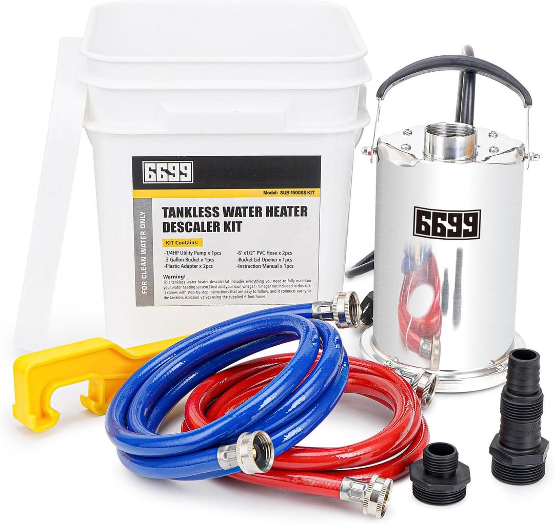 Tankless Water Heater Flushing Kit Includes 1/4HP Stainless Steel Sump Pump with Two Adapters & 3 Gallons Pail with Bucket Lid Opener & Two 1/2” Dia X 6’ Hoses with Washers