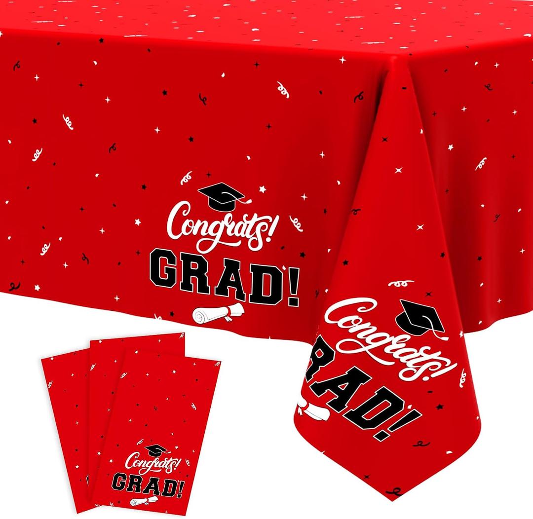 Tbsone Graduation Tablecloth 2026, 3 Pack Disposable Plastic Table Covers 54" x 108", Congrats Grad Party Supplies for College & High School Graduation (Red)
