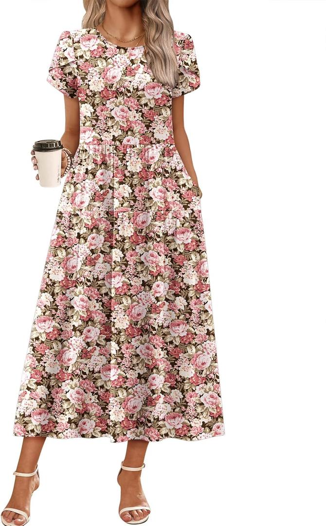 Zeagoo Summer Dresses for Women 2026 Maxi Bohemian Floral Short Sleeve Long Dress Casual Flowy Tired Beach Sundress (03-wf87)