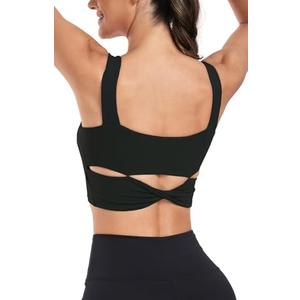 Women's Sports Bra Medium Support Cross Back Square Neck Longline Padded Workout Crop Tank Tops, Large