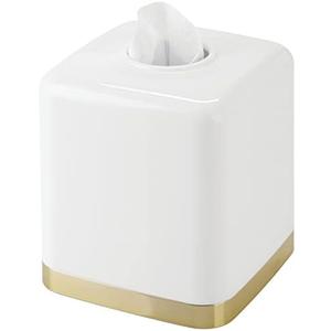 mDesign Plastic Square Disposable Facial Tissue Box Cover for Bathroom Vanity, Countertop, Bedroom Dresser, Night Stand, Office Desk, End Table, Hold Paper Tissues - Hyde Collection - White/Soft Brass