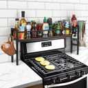 Meangood Spice Rack Shelf for Kitchen Stove, Over the Stove Shelf with 4 Hooks Extra Storage Countertop, Rustic Wood & Solid Metal Commbined Stove Shelf for Storage Seasoning, Easy to Assemble