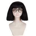 morvally Black Fluffy Medium Curly Cosplay Wig with Cut Bangs for Women Including Glasses frame
