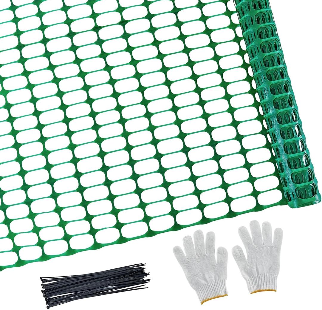 PotatoLife Plastic Mesh Fence Safety Fence, Extra Strength 4'x100' Roll with 100 Zip Ties, Resuable Temporary Netting for Garden Fencing, Construction, Snow Fencing, Animal Barrier, Poultry, Deer, Dog