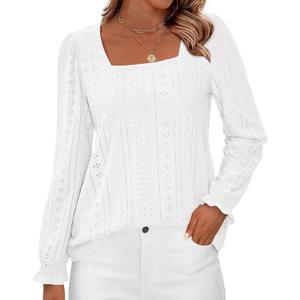 Okiwam Womens Long Sleeve Shirts Fall 2026 Square Neck Dressy Casual Blouses Eyelet Tunic Tops Fashion Outfits Clothes (S)