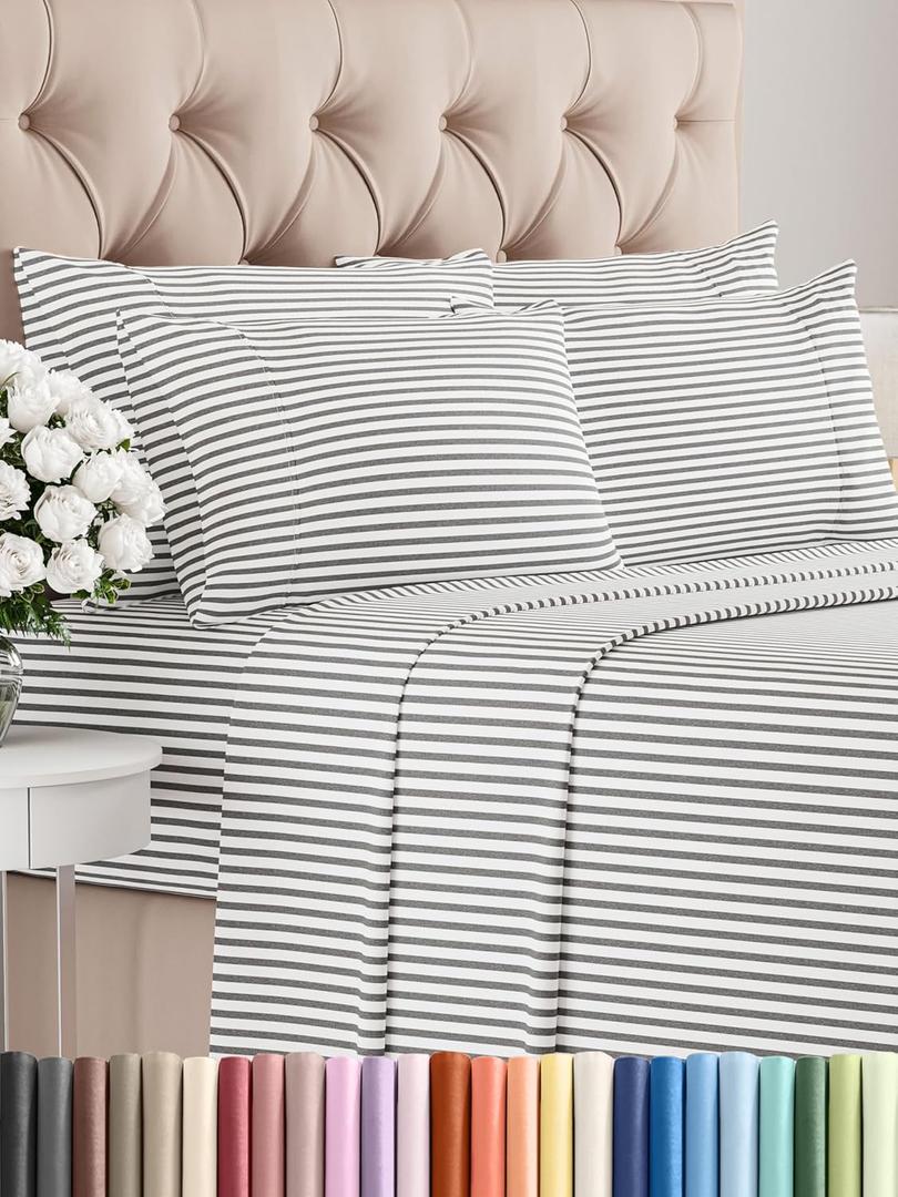 Queen 6 Piece Sheet Set - Comfy Breathable & Cooling - Soft Hotel Luxury Bedding Set with 8-16 Inch Deep Pockets - 1 Flat & 1 Fitted Sheet & 4 Pillowcases - Wrinkle Free & Easy Care - Grey Stripes 2