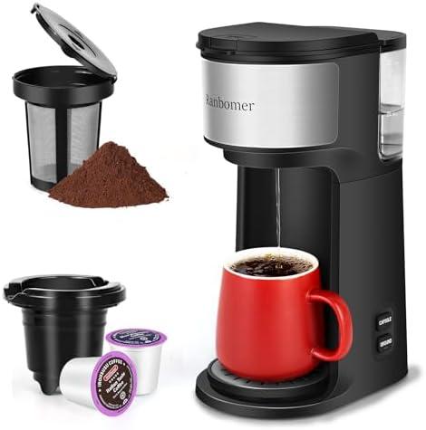 Ranbomer K Cup Coffee Maker, Single Serve coffee machine or Ground Coffee Machine 2 in 1, 6 to 14 Oz Brew Sizes, Mini One Cup Coffee Maker with Self cleaning Function, Fits Travel Mug (Black)