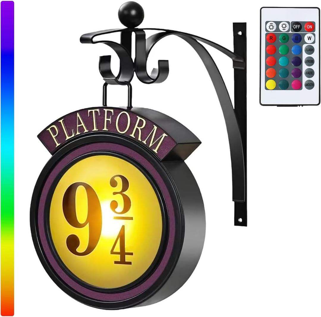 16 Colour Vintage Platform 9 3/4 Night Light, Hanging Platform 9 3/4 Sign Wall Light with Remote Control, Home Decor 9  Sign Lights Decoration, Halloween Christmas Gift for Family and Friends