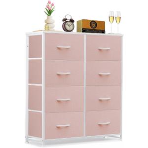 8-Drawer Dresser for Bedroom, Anti-Tip Tall Storage Organizer Chest of Drawers with Wooden Top and Metal Frame Fabric Bins for Closet, Living Room, Hallway, Entryway, Pink, 11.8"D x 31.4"W x 36.3"H