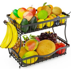 Large 2 Tier Fruit Basket for Kitchen Counter with 2 Banana Hangers, Metal Fruit Bowl with Protection Mats for Vegetable Bread Snack, Countertop Organizer  Black, 14.5" W x 9.5" D