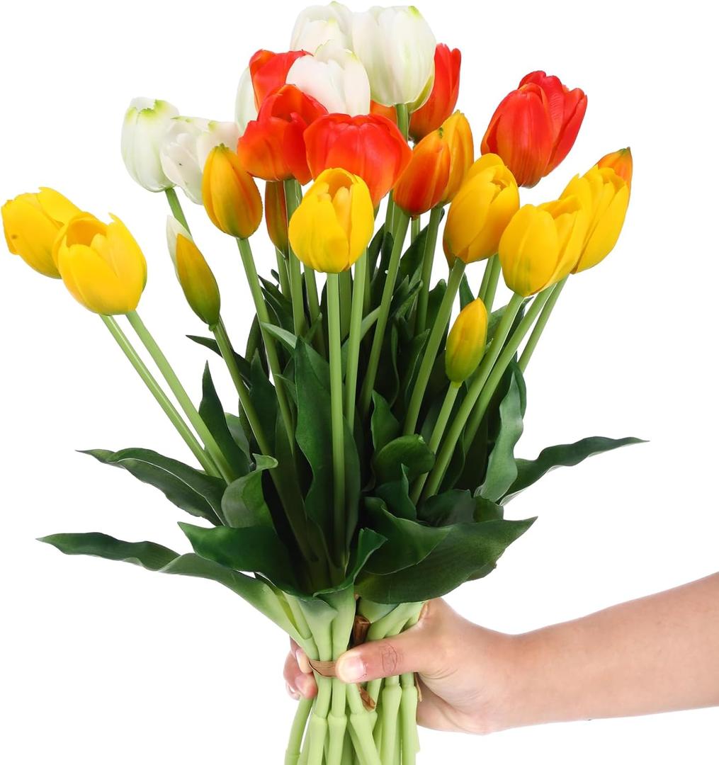 Riceshoot 6 Bunches Artificial Tulips Flowers 30 Pcs Real Touch Flower Soft Faux Tulips Bouquets Arrangements Realistic Flowers for Office Wedding Party Kitchen Decoration(Warm Color)