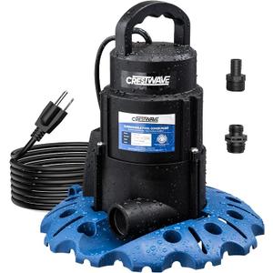 CrestWave Pool Cover Pump Automatic On Off, 1/3HP, 2950GPH Max Fast Draining, Heavy Duty, 25ft UL Cord, 3/4" Adapters, for Pools, Pool Cover, Hot Tubs, Basements