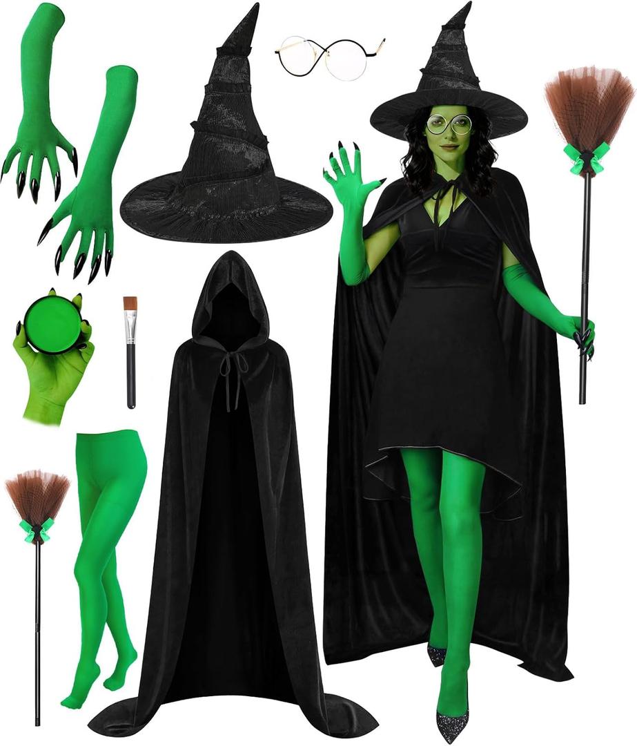 8 PCS Witch Costume Women Adult,Witch Hat Hooded Cape Green Accessories Set, Halloween Costume Accessories Women