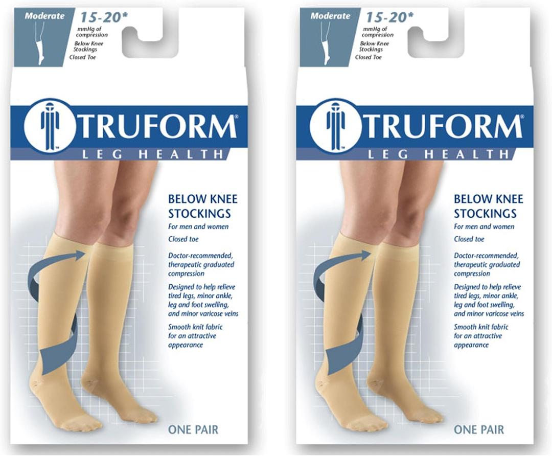 Truform 15-20 mmHg Compression Stockings for Men and Women, Knee High Length, Closed Toe, Beige, Medium (Pack of 2)