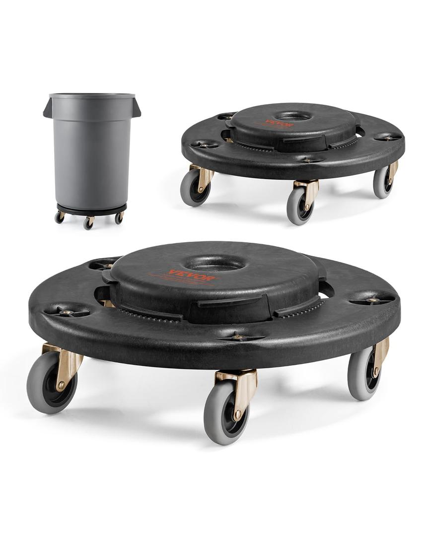 VEVOR Trash Can Dolly, Fit 20, 32, 44, 55 Gallon Containers, 2 Packs Round Trash Can Roller Base with 4 Swivel Wheels, 500lbs Heavy Duty Barrel Dolly, Multi-Functional Rolling Cart