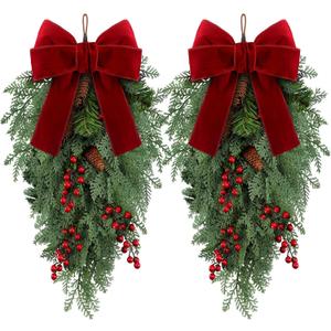2 Pack Christmas Teardrop Swags 20 Inch Xmas Artificial Pine Teardrop Wreath with Pine Cones Berry Bow for Christmas Holiday Front Door Home Wall Hanging Decor