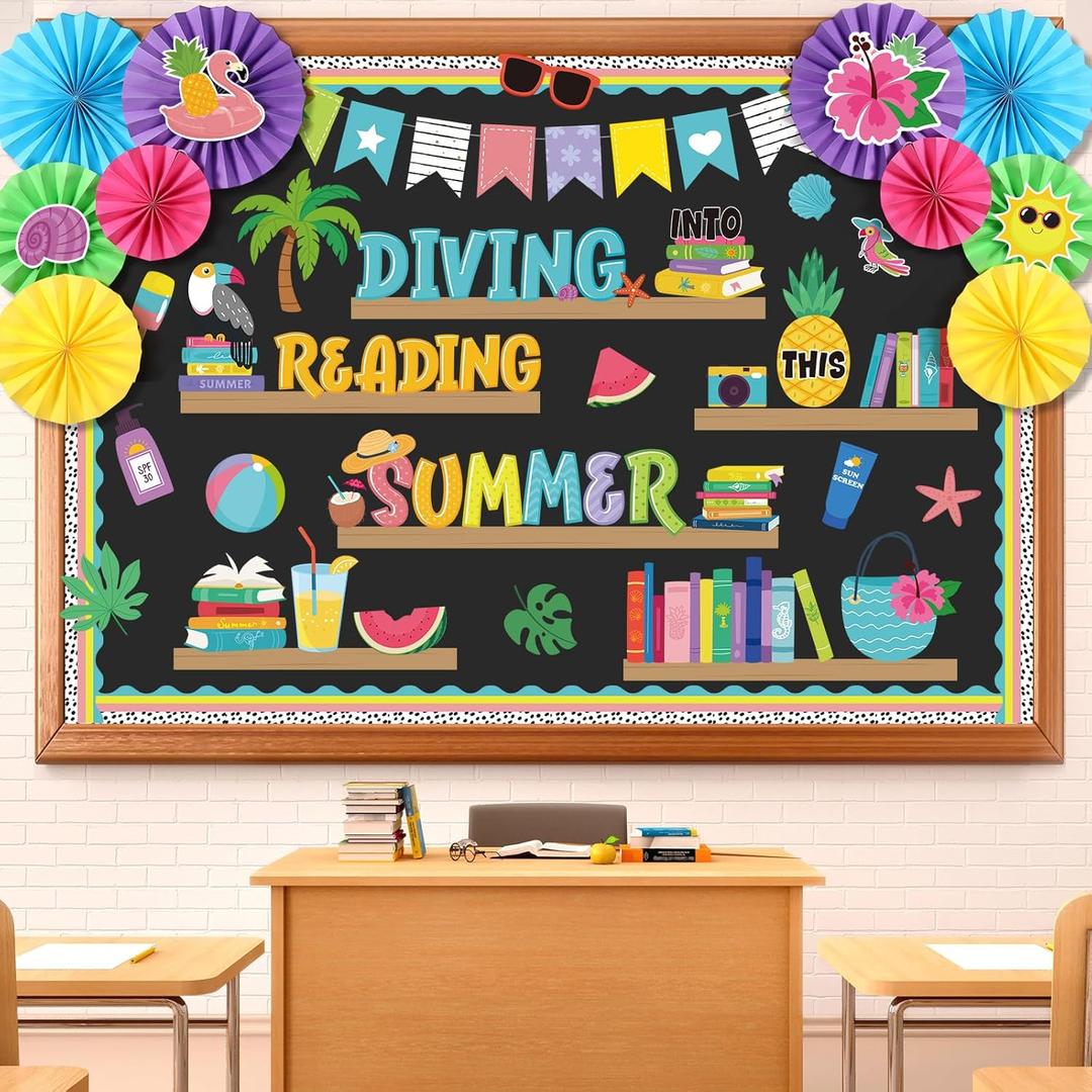 Containlol 3D Summer Bulletin Boards Decorations Large Diving into Book Summer Reading Bookshelf Classroom Bulletin Board Set Beach Theme Tropical Hawaii Luau Flamingo Cutouts for Preschool Elementary