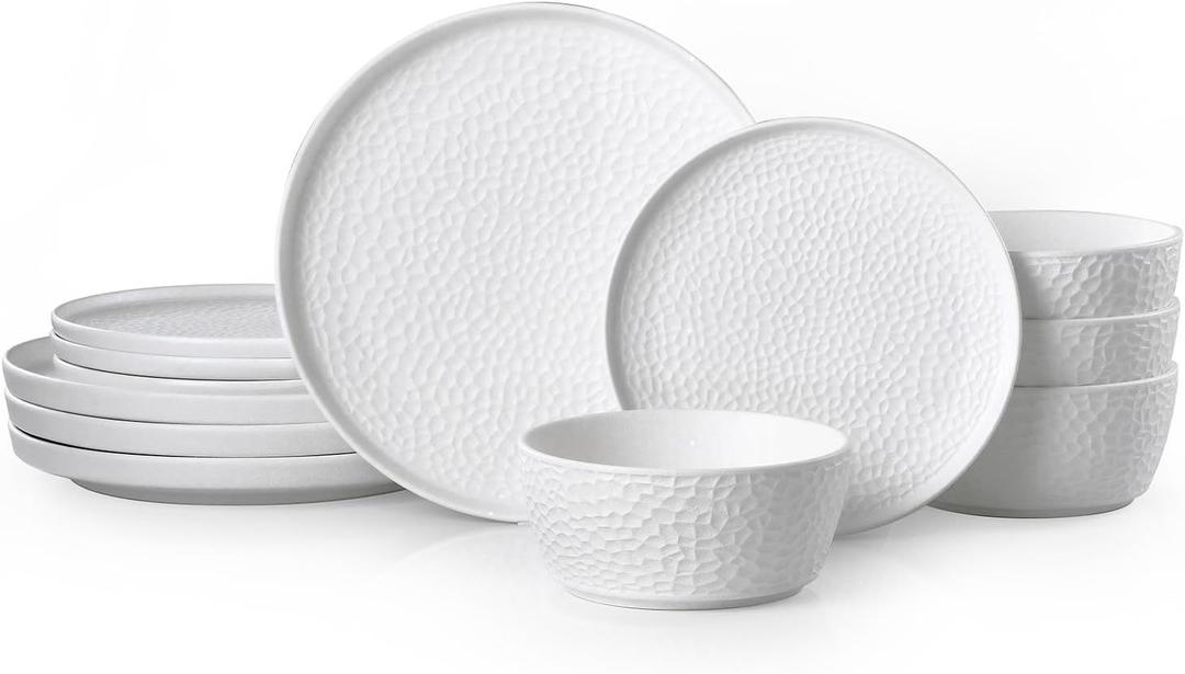 KINGSTONE Ceramic Dinnerware Set, 12-Piece Porcelain Plates and Bowls Set for 4, Matte Black or White, Hammered Texture, Microwave, Dishwasher & Oven Safe, Perfect for Home, Weddings & Gifts