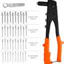 Rivet Gun, Manual Pop Rivet Gun with 4 Replaceable Nosepieces & 200 PCS Rivets, Hand Riveter for Automotive, Furniture, DIY & Metal Working (Basic, Orange)