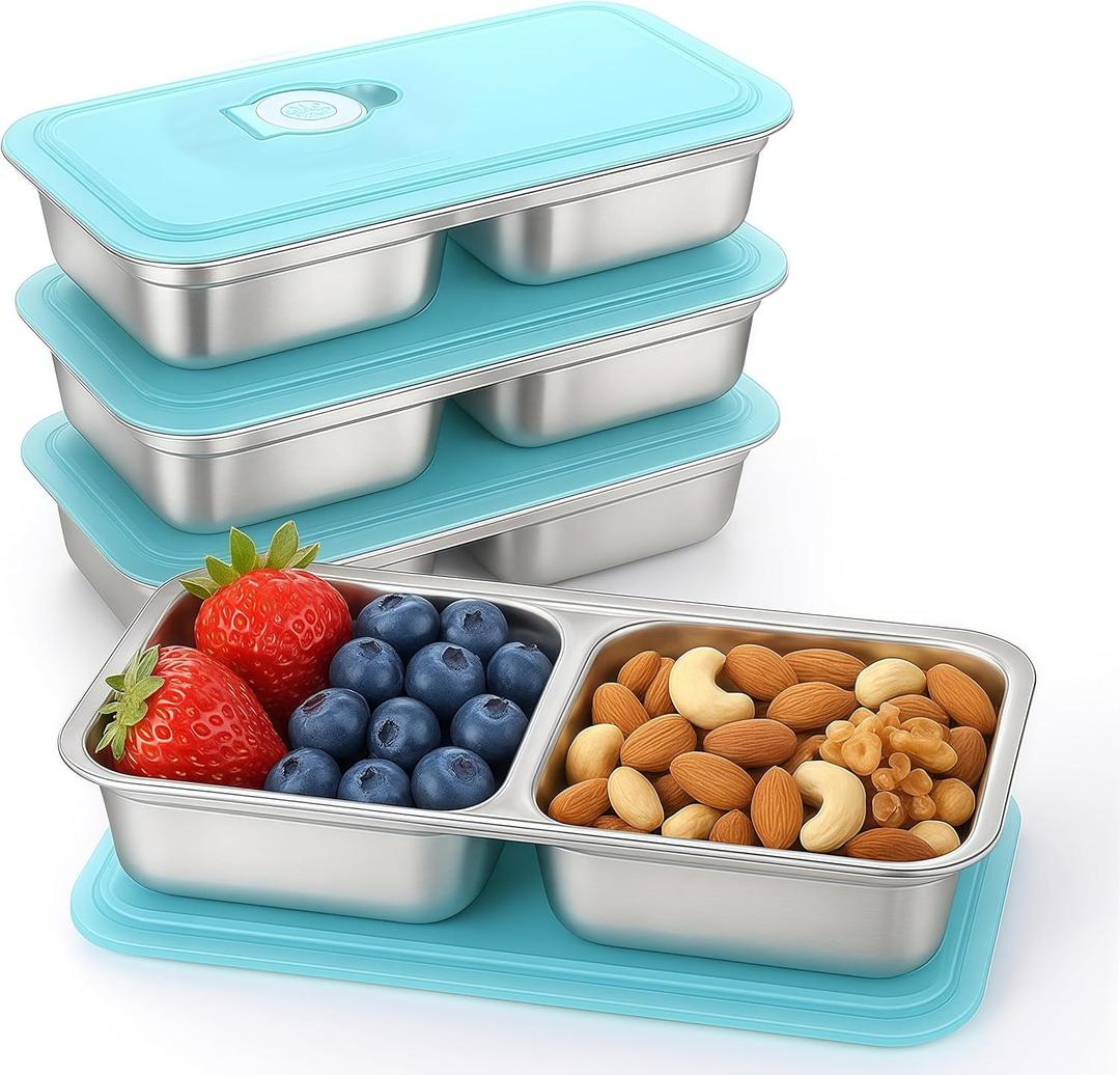 BSTUR 4Pcs 304 Stainless Steel Bento Boxes, 2 Compartments Portable Food Storage Containers Snack Boxes with Lids, Divided Meal Prep Lunch Box Food Container Dishwasher Safe
