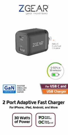 ZGear 2 Port Adaptive Fast Charger 30 Watts 