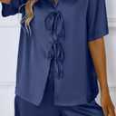CHYRII Women's Silk Satin Pajamas Sets Tie Front Short Sleeve Tops and Shorts Two Piece Pj Sets Sleepwear (Blue, S)