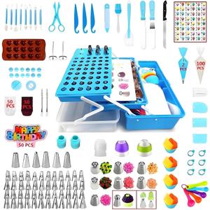 Cake Decorating Kit, 387 Pcs Baking Supplies Tools with 56 Icing Tips, 8 Russian+Ball Tips, 3 Spatulas, 5 Couplers, 8 Carved Pens, 102 Pastry Bags, Storage Box & More, (Blue)