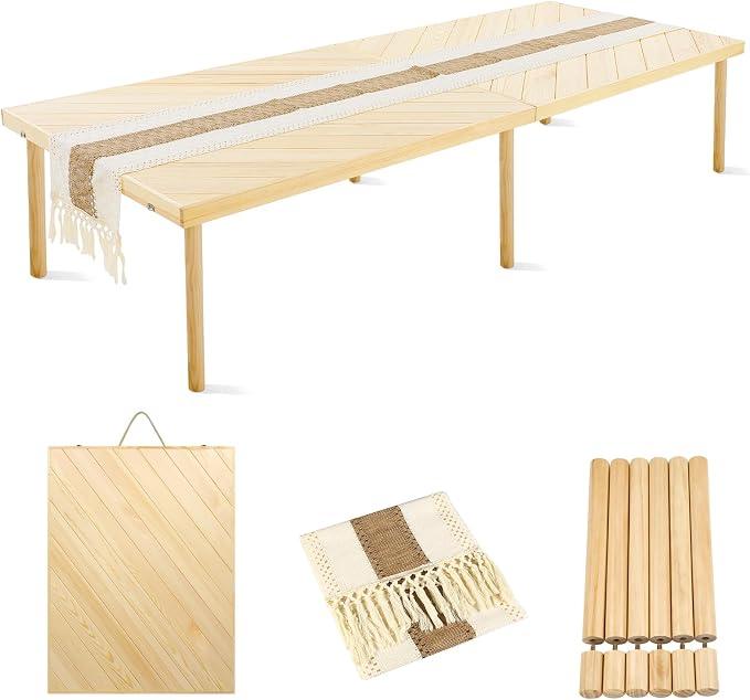 Folding Picnic Table with Table Runner, Portable Boho Low Picnic Table for Indoor Outdoor, 80" x 30" Wooden Table with Adjustable Heights for Camping, Wedding, Beach, Garden, Party (Large Size for 8)