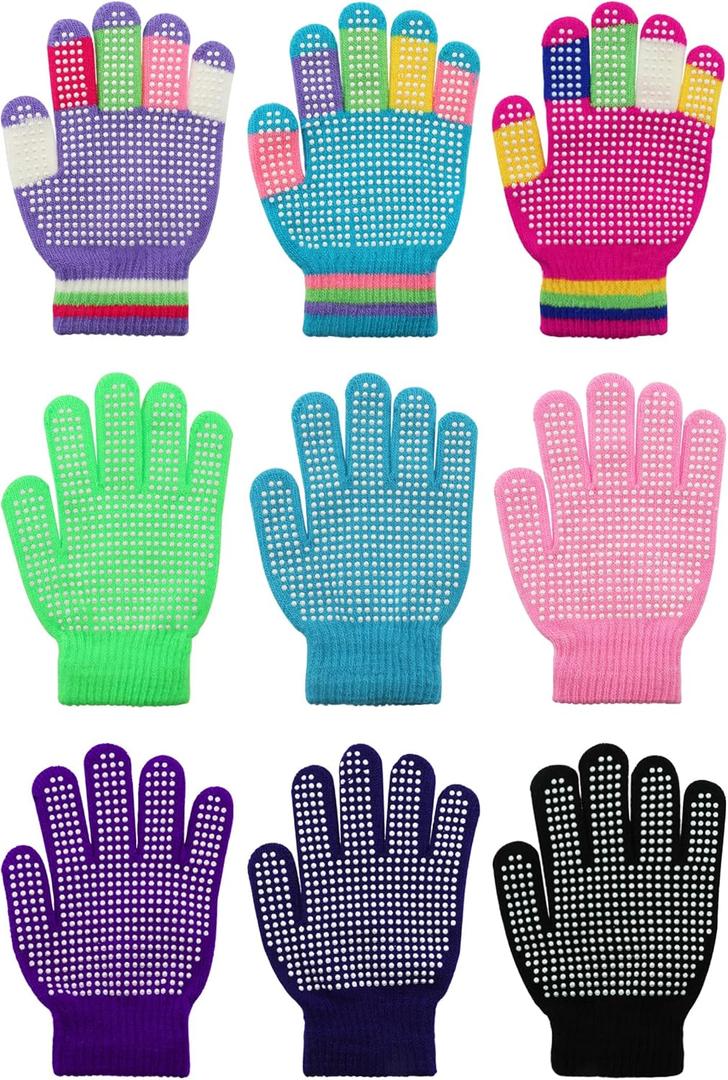 Whaline 9 Pairs Kids Anti-Skid Magic Gloves Winter Knitted Gloves Full Finger Grip Anti-Slip Children Gloves for Boys Girls (Small)