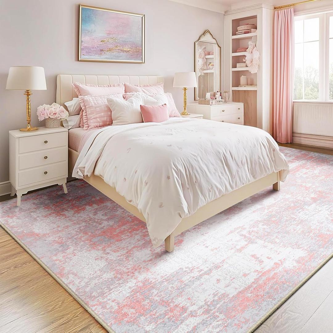 RELEANY Washable Area Rugs 5'x7' Non-Slip Modern Abstract Soft for Living Room Entryway Bedroom Nursery, Print Pattern, Grey Pink