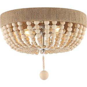JONATHAN Y 14" Light Taupe and Polished Nickel 2-Light Wood Bead Iron Flush Mount, Farmhouse Bohemian Ceiling Light for Bedroom Hallway, UL Listed, LED Bulbs Included JYL1307A, 14.0 in